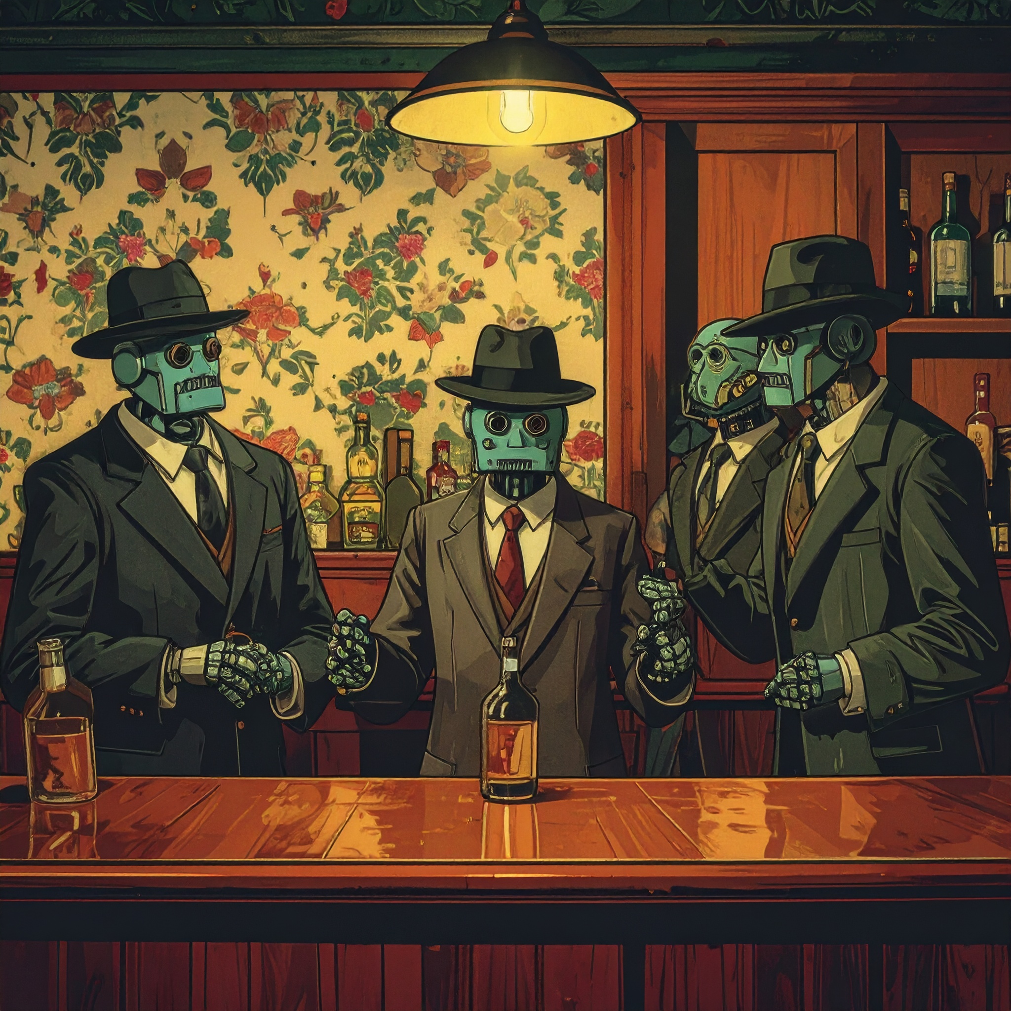 Three robot gangsters gathered at a bar